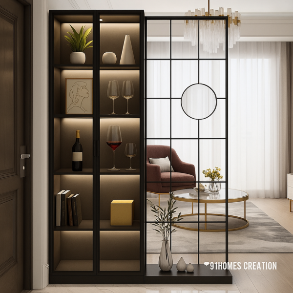 Black Metal Partition with Glass Showcase Cabinet Design