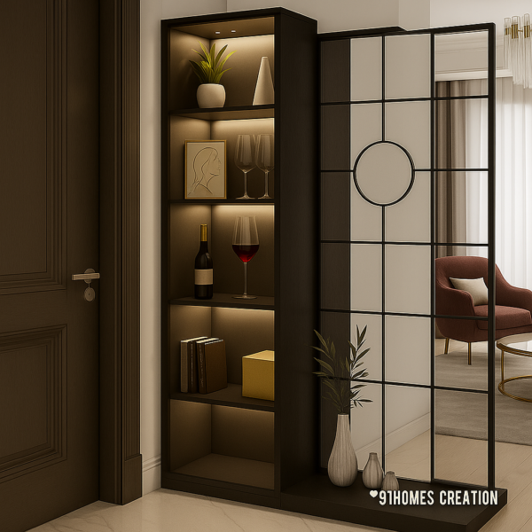 Contemporary glass showcase with dark wooden finish and grid-style room divider in minimalist setting.