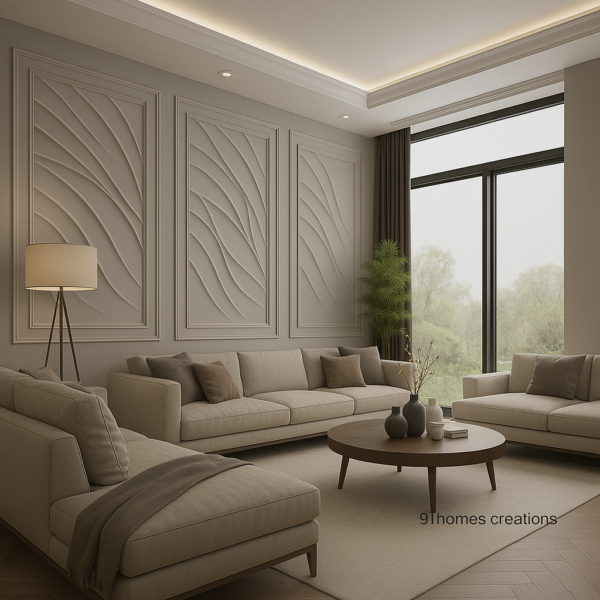 Modern wave-pattern MDF panel wall in neutral-toned living room