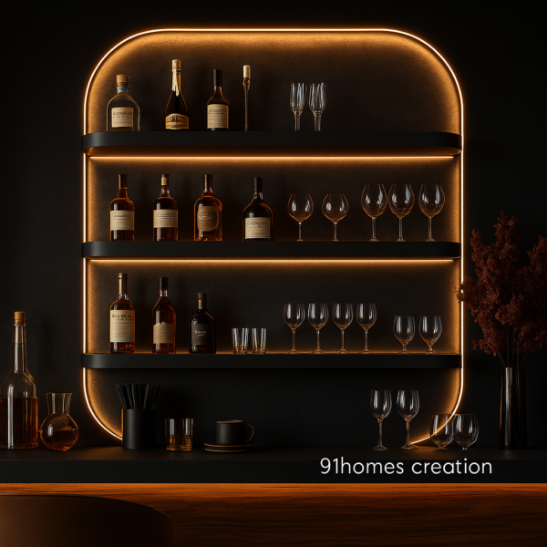Black Matte Bar Unit with Curved Shelves LED backlighting and glass shelves