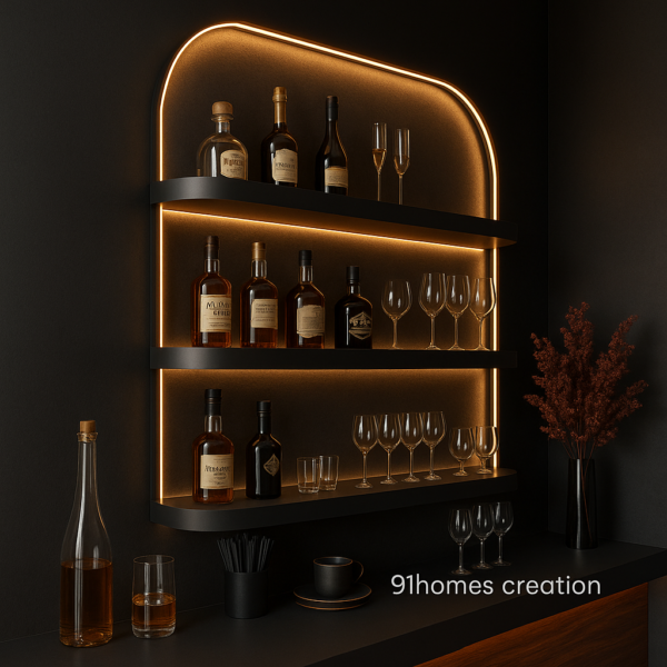 Luxury home bar with wooden countertop, warm lighting, and liquor display