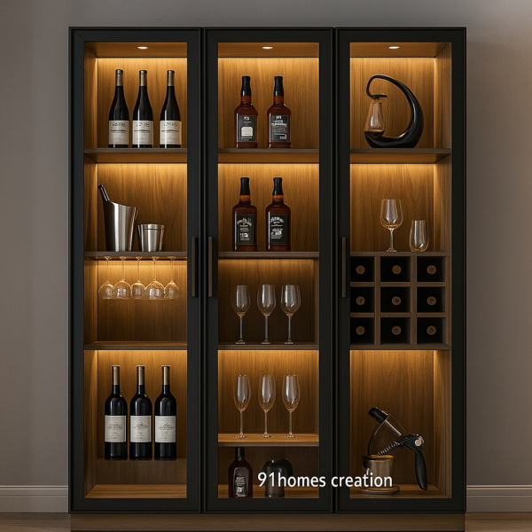 Walnut Matte Bar Unit with LED Shelves black glass doors, LED lighting, and wine storage shelves