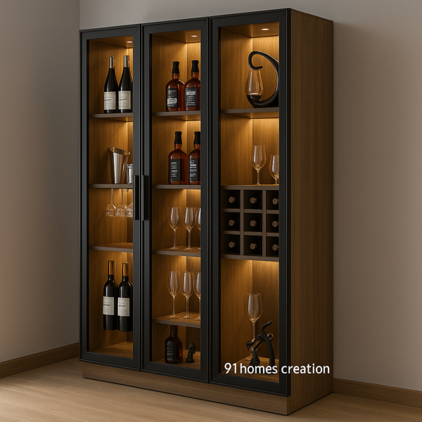 Side view of walnut finish bar unit with glassware, liquor bottles, and soft-lit shelves