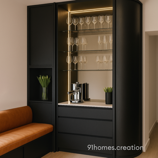 Side view of sleek black bar cabinet with leather seating and glassware display