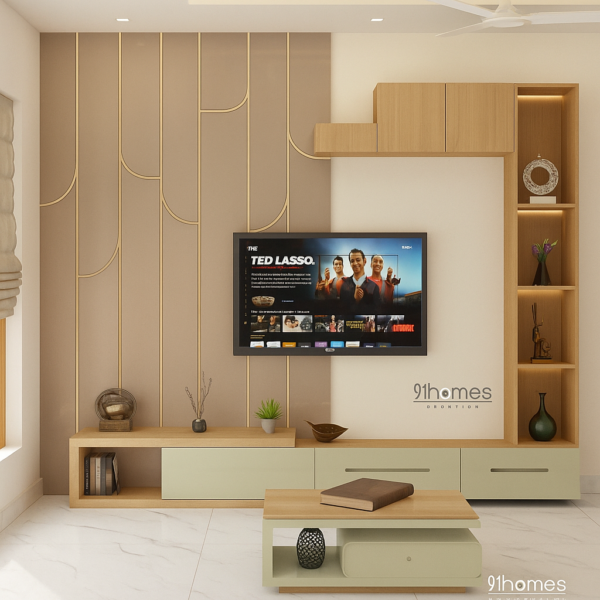 Glossy beige TV foyer with golden inlay wall panel and pastel green drawers