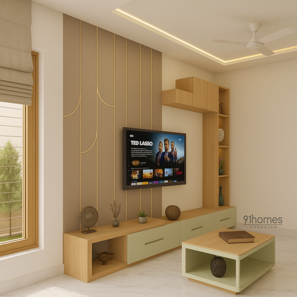 Modern wooden shelf TV foyer design with LED spotlights and marble flooring