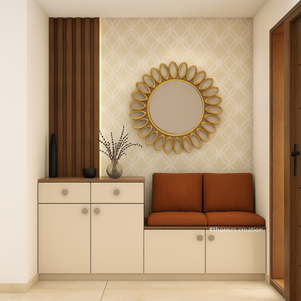 Modern cream foyer with golden round mirror and rust cushion bench seating