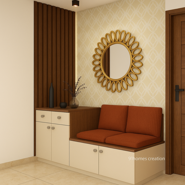 Cream storage cabinet with wooden slats and patterned beige wallpaper in entryway design