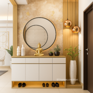 Beige textured entryway foyer with golden Buddha and circular mirrors