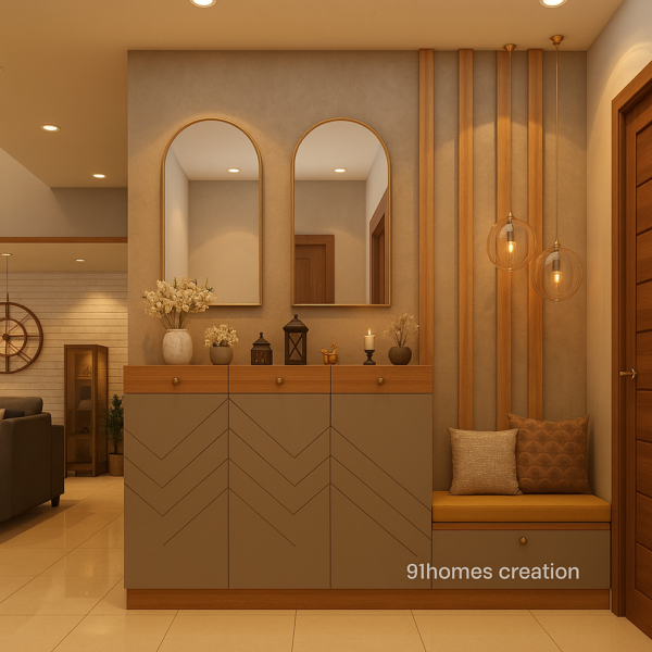 Chevron cabinet foyer with taupe matte finish and wooden accents