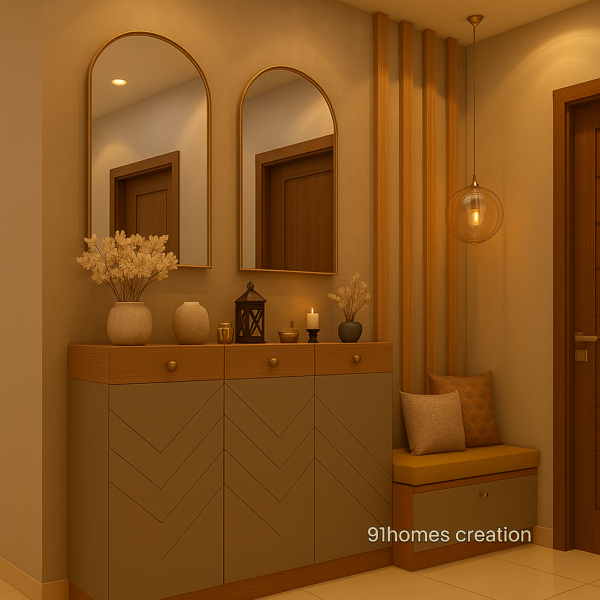 Modern entryway design featuring arched mirrors and pendant lights