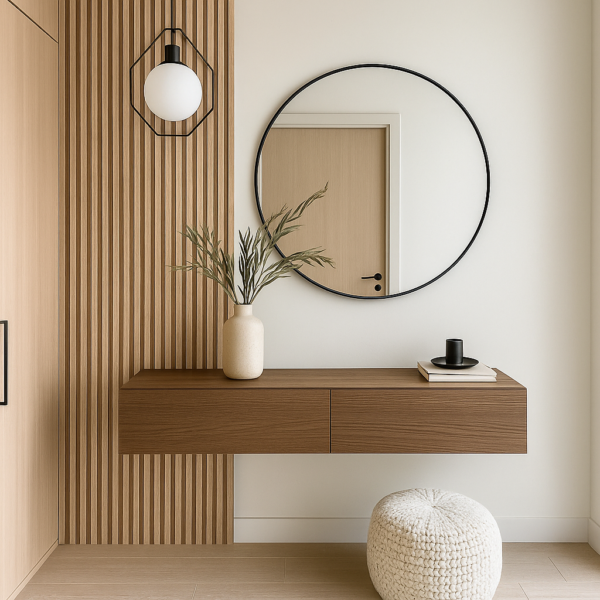 Light-wood floating foyer with black round mirror and slatted wall panel