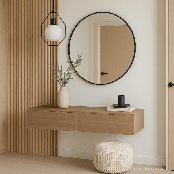 Minimalist entryway with floating wooden console and beige knitted pouf