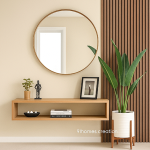 Modern wood floating console with round mirror and vertical wooden slats