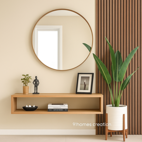 Modern wood floating console with round mirror and vertical wooden slats