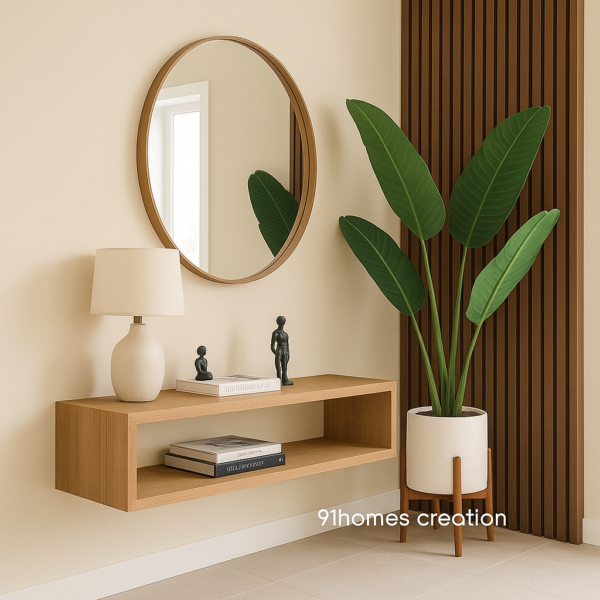 Beige wall foyer setup with indoor plant and modern decor items