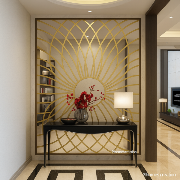 Gold Sunburst Metal Partition with Black Table Design