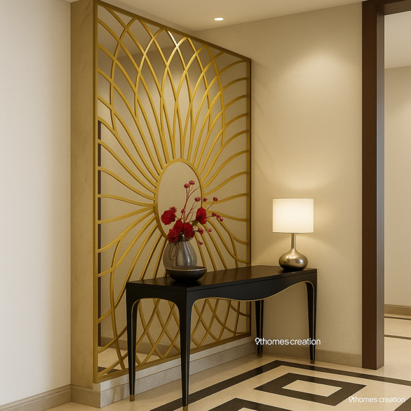 Luxury entrance design with black console and decorative mirror panel