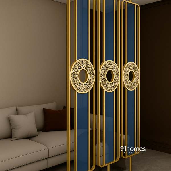 Vertical room divider with golden frame and round floral cutout details.