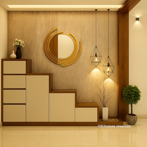 Cream step-style foyer cabinet with wooden finish and pendant lighting