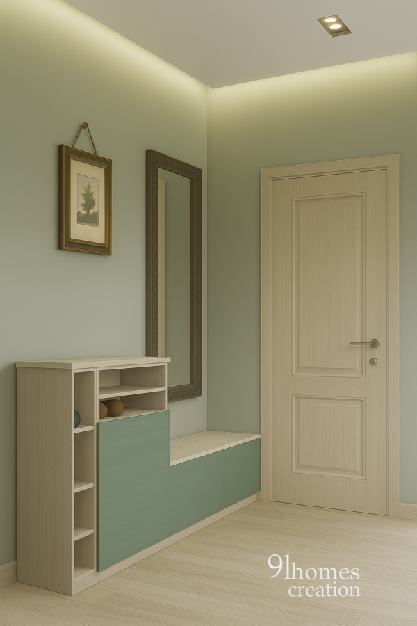 Modern sage green shoe rack unit with cubbies and mirror