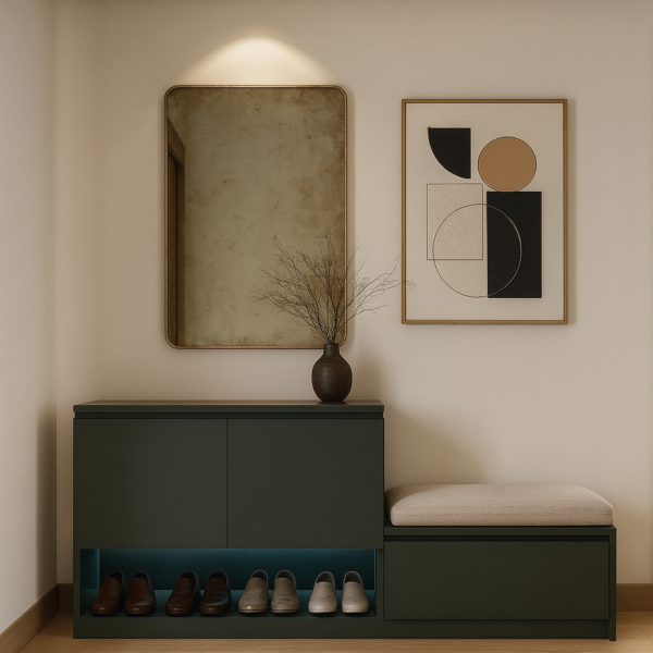 Dark green foyer unit with LED light and cushioned bench
