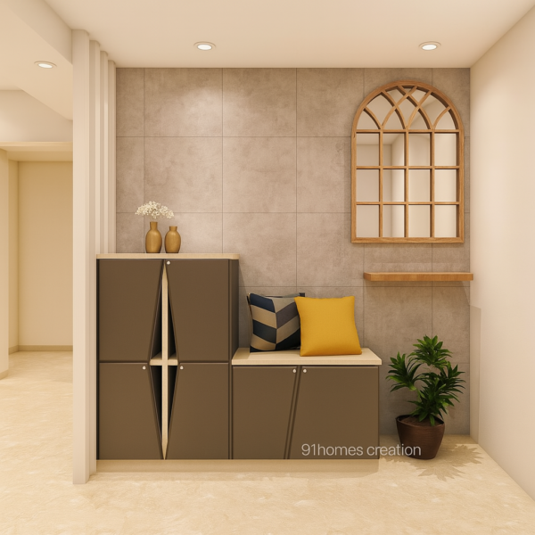 Brown-grey shoe foyer with cushioned bench and arched mirror on tiled wall