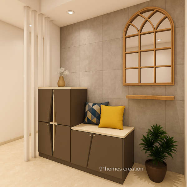 Brown-grey shoe foyer with arched mirror and bench unit - Image 2