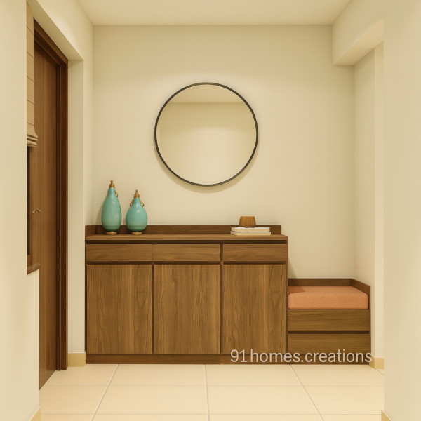 Walnut entryway foyer with round mirror and peach cushion seat