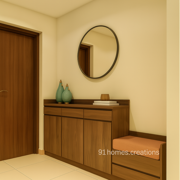 Walnut entryway foyer with round mirror and peach cushion seat
