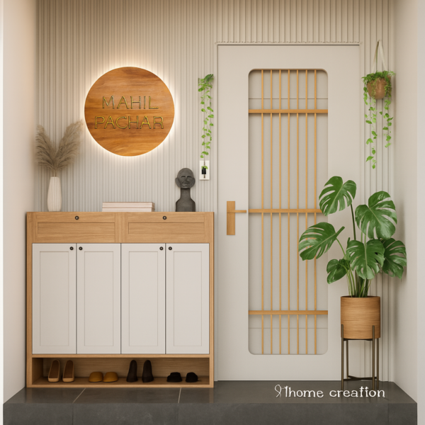 Light oak-white foyer unit with shoe cabinet and vertical groove wall