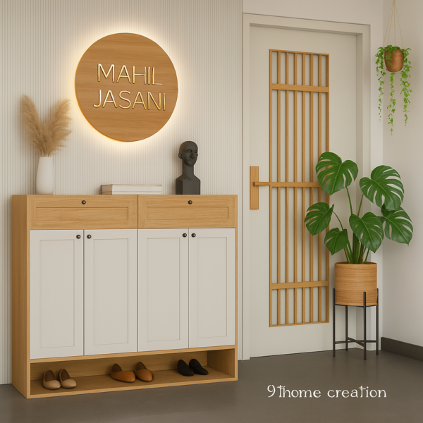 Modern wooden entryway cabinet with white laminate doors and indoor plants