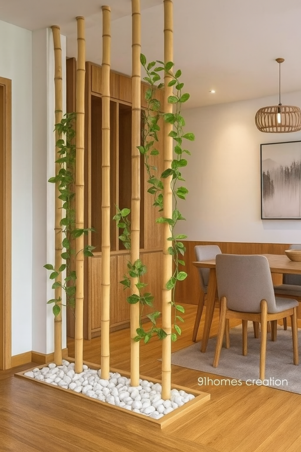 Vertical bamboo sticks used as a living partition with climbing plants in a modern beige and wood dining room.
