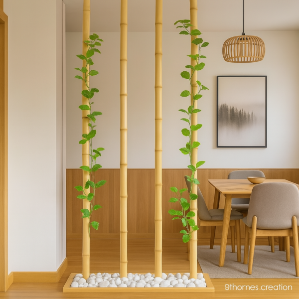 Bamboo Partition with Green Vines and Pebble Base