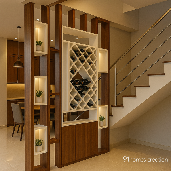 Decorative room divider with vertical teak wood slats and geometric white shelving