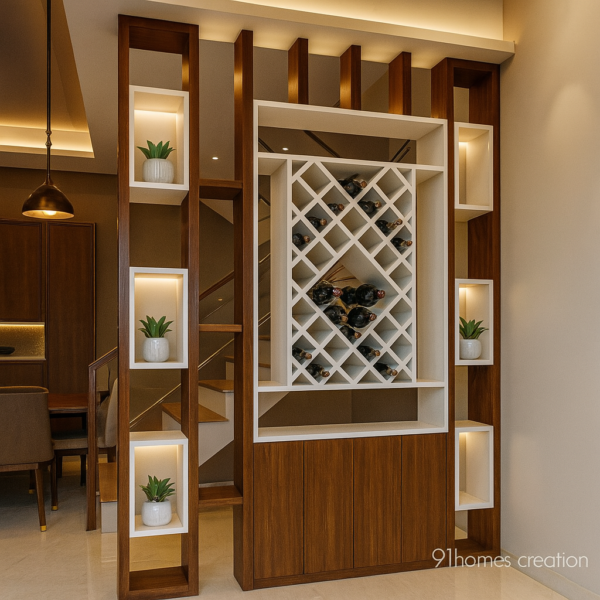 Teak Wood Partition with White Wine Rack and Display Shelves