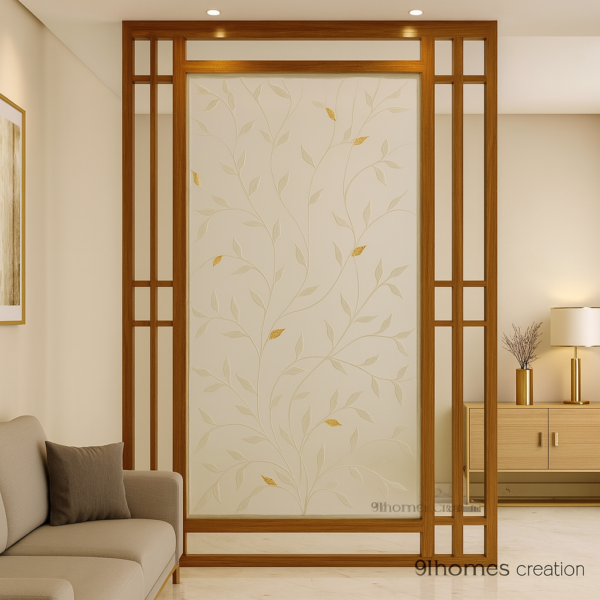 Glass Partition with Gold Leaf Vines and Wooden Frame