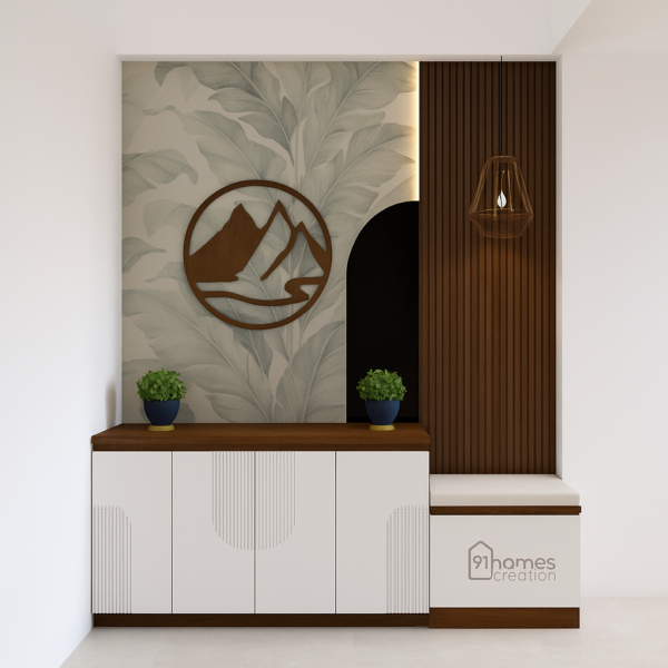 Modern white-wood foyer with arch niche, fluted panel and wallpaper