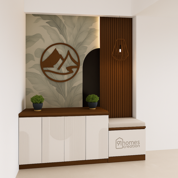 Contemporary shoe cabinet in white matte finish with wooden top and leafy wallpaper
