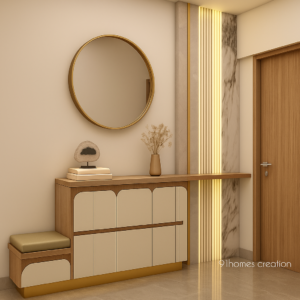 Elegant beige-wood foyer with round mirror and marble panel