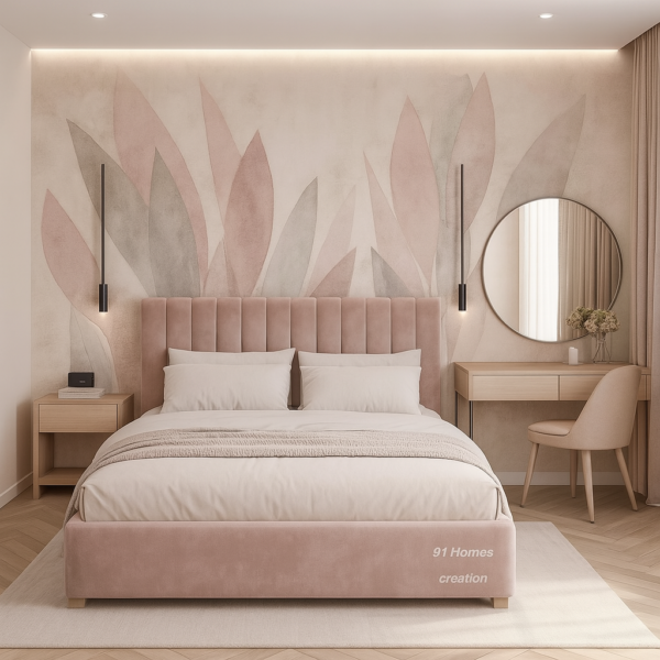 Blush Velvet Bed with Leaf Print Bed Back Wall & LEDs