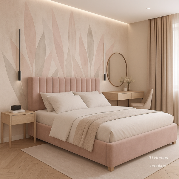 Modern bedroom with pastel leaf print bed back wall, round mirror, and beige wood furniture.