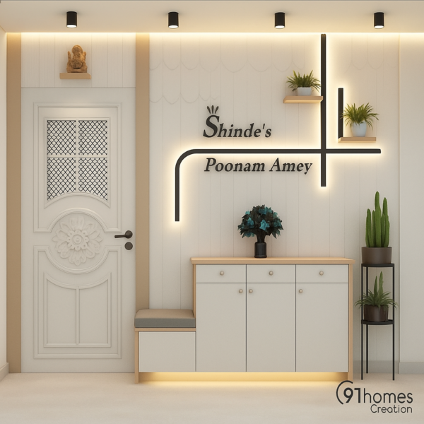 White entryway foyer with LED lighting and floral designer door