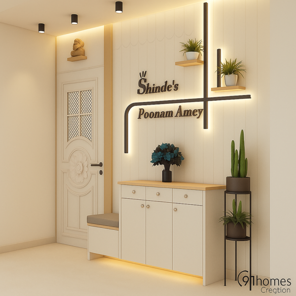 Modern white foyer with wall-mounted shelves and indoor plants