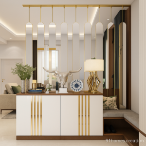 White-gold entryway foyer with mirror panel divider and wood seating