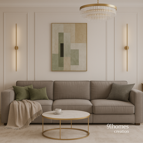 Gray Velvet Sofa with Gold Marble with green cushions and gold round nesting tables in elegant beige wall living room.