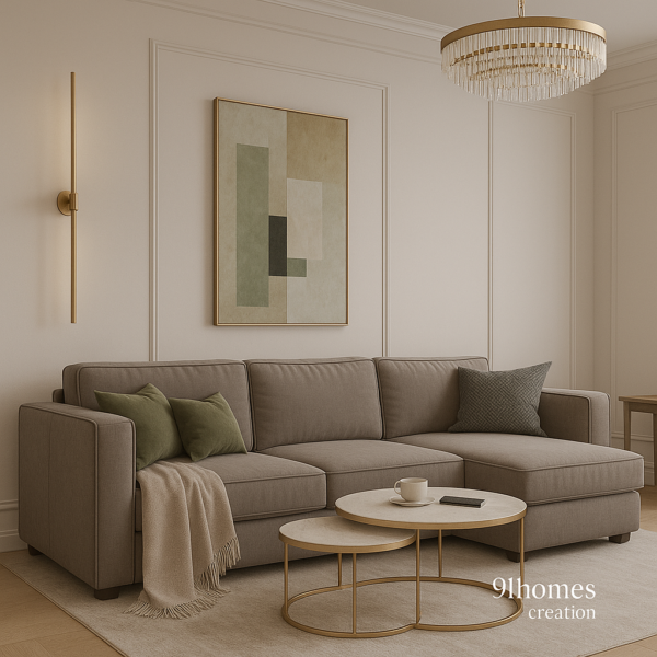 Contemporary living room with crystal chandelier, taupe sectional couch, abstract wall art, and marble-topped coffee tables.