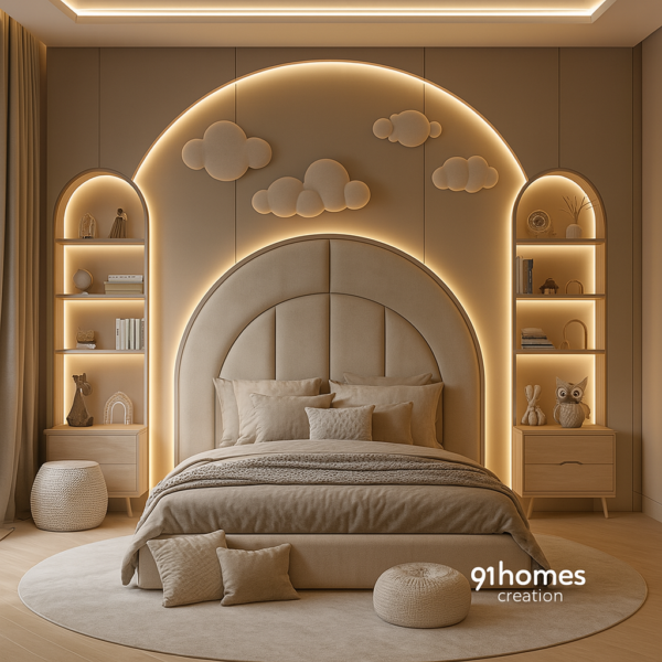 Beige Arched Bed Back Wall with Clouds and LED Lighting