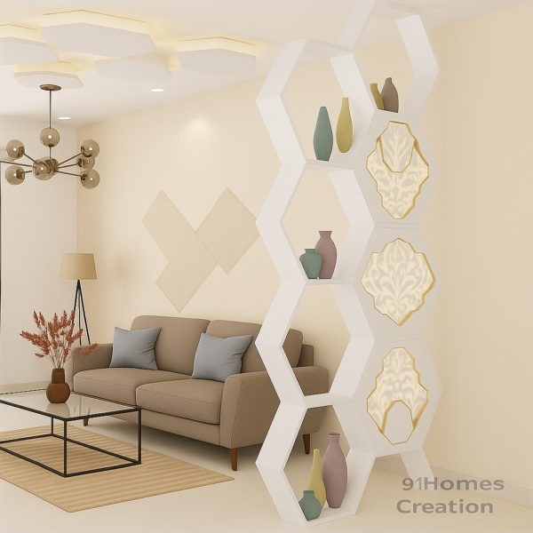 Geometric room divider with white honeycomb shelves and ceiling lighting