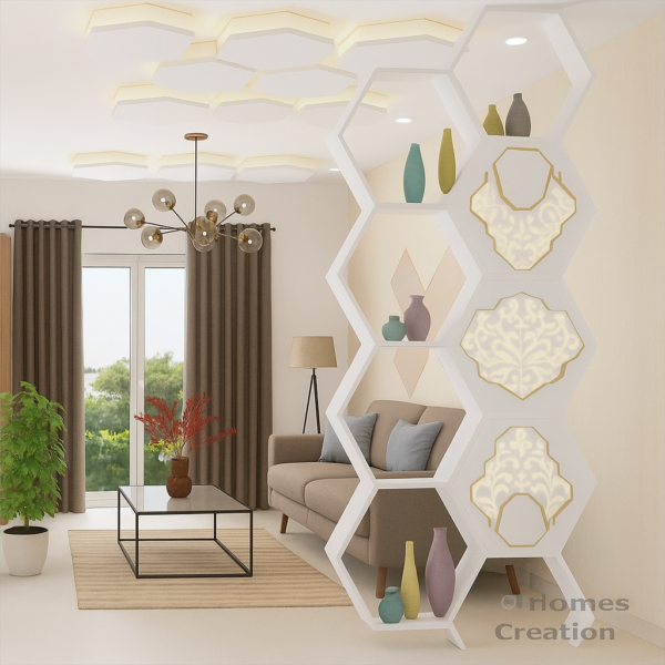 White Hexagon Partition with Gold Floral Panels
